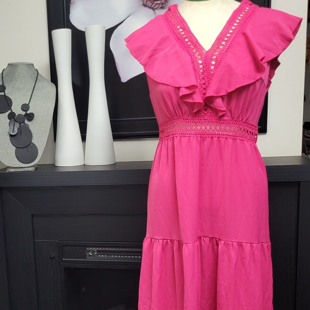 ❤️SHEIN Pink Midi Sundress with Flutter Sleeves and Ruffled V-Neck-Me